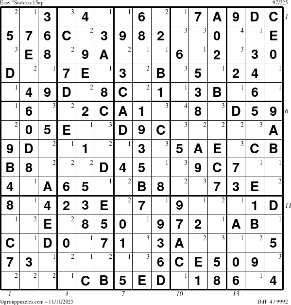 The grouppuzzles.com Easy Sudoku-15up puzzle for Monday November 10, 2025, suitable for printing, with all 4 steps marked