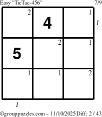 The grouppuzzles.com Easy TicTac-456 puzzle for Monday November 10, 2025, suitable for printing, with all 2 steps marked