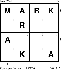 The grouppuzzles.com Easy Mark puzzle for Wednesday April 15, 2026, suitable for printing, with all 2 steps marked