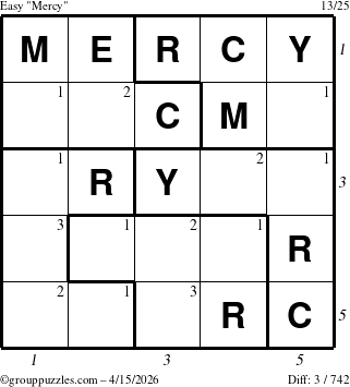 The grouppuzzles.com Easy Mercy puzzle for Wednesday April 15, 2026, suitable for printing, with all 3 steps marked