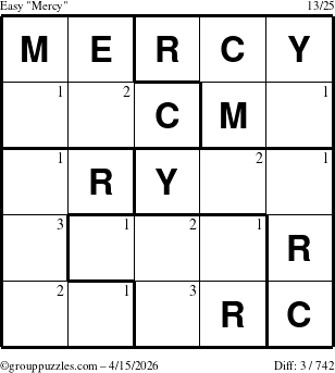 The grouppuzzles.com Easy Mercy puzzle for Wednesday April 15, 2026 with the first 3 steps marked