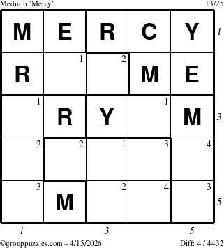 The grouppuzzles.com Medium Mercy puzzle for Wednesday April 15, 2026, suitable for printing, with all 4 steps marked