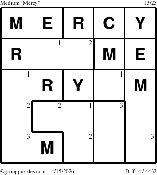 The grouppuzzles.com Medium Mercy puzzle for Wednesday April 15, 2026 with the first 3 steps marked