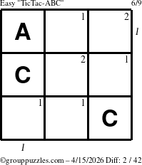 The grouppuzzles.com Easy TicTac-ABC puzzle for Wednesday April 15, 2026, suitable for printing, with all 2 steps marked