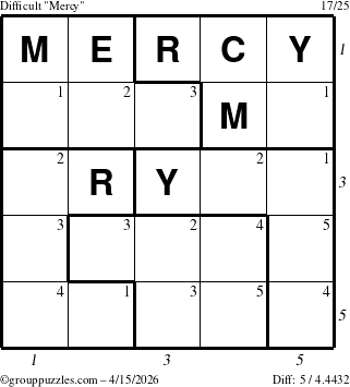 The grouppuzzles.com Difficult Mercy puzzle for Wednesday April 15, 2026, suitable for printing, with all 5 steps marked