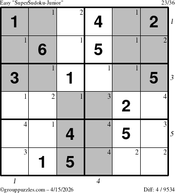 The grouppuzzles.com Easy SuperSudoku-Junior puzzle for Wednesday April 15, 2026, suitable for printing, with all 4 steps marked