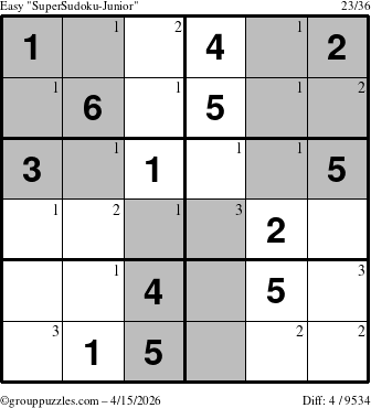 The grouppuzzles.com Easy SuperSudoku-Junior puzzle for Wednesday April 15, 2026 with the first 3 steps marked