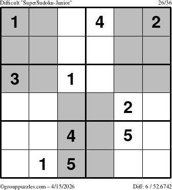 The grouppuzzles.com Difficult SuperSudoku-Junior puzzle for Wednesday April 15, 2026