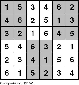 The grouppuzzles.com Answer grid for the SuperSudoku-Junior puzzle for Wednesday April 15, 2026