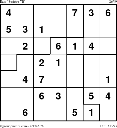 The grouppuzzles.com Easy Sudoku-7B puzzle for Wednesday April 15, 2026
