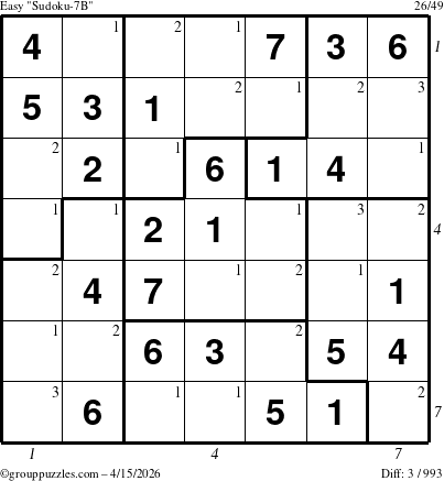 The grouppuzzles.com Easy Sudoku-7B puzzle for Wednesday April 15, 2026 with all 3 steps marked