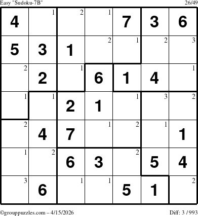 The grouppuzzles.com Easy Sudoku-7B puzzle for Wednesday April 15, 2026 with the first 3 steps marked