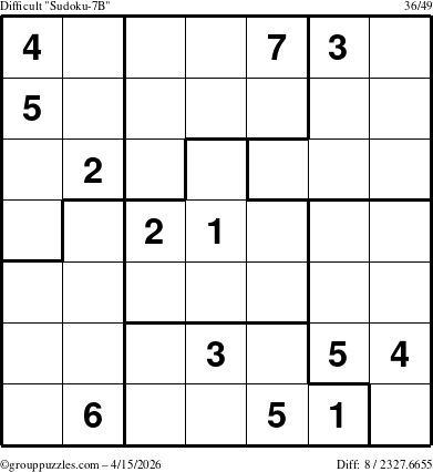 The grouppuzzles.com Difficult Sudoku-7B puzzle for Wednesday April 15, 2026