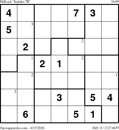 The grouppuzzles.com Difficult Sudoku-7B puzzle for Wednesday April 15, 2026 with the first 3 steps marked