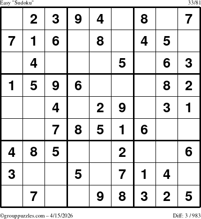 The grouppuzzles.com Easy Sudoku puzzle for Wednesday April 15, 2026