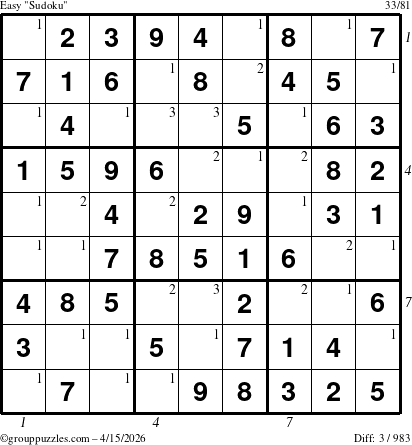 The grouppuzzles.com Easy Sudoku puzzle for Wednesday April 15, 2026 with all 3 steps marked