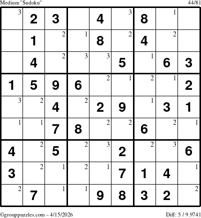The grouppuzzles.com Medium Sudoku puzzle for Wednesday April 15, 2026 with the first 3 steps marked