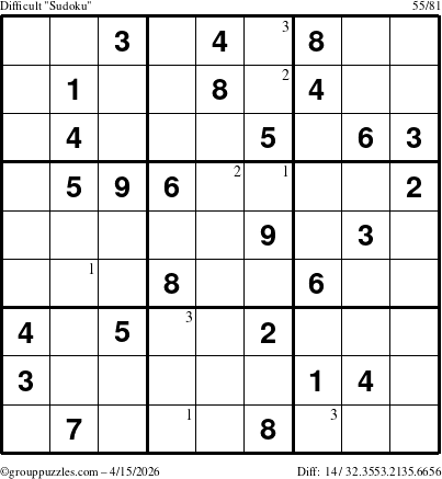 The grouppuzzles.com Difficult Sudoku puzzle for Wednesday April 15, 2026 with the first 3 steps marked