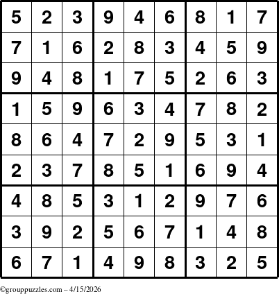 The grouppuzzles.com Answer grid for the Sudoku puzzle for Wednesday April 15, 2026