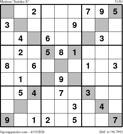 The grouppuzzles.com Medium Sudoku-X puzzle for Wednesday April 15, 2026