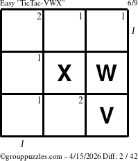 The grouppuzzles.com Easy TicTac-VWX puzzle for Wednesday April 15, 2026, suitable for printing, with all 2 steps marked
