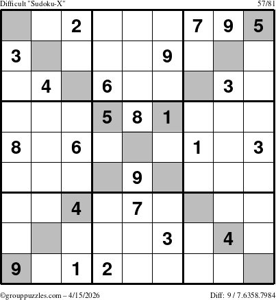 The grouppuzzles.com Difficult Sudoku-X puzzle for Wednesday April 15, 2026