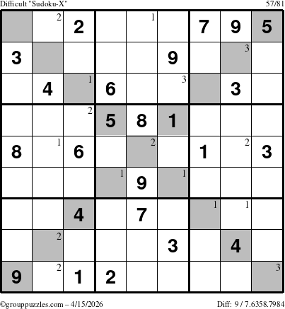 The grouppuzzles.com Difficult Sudoku-X puzzle for Wednesday April 15, 2026 with the first 3 steps marked