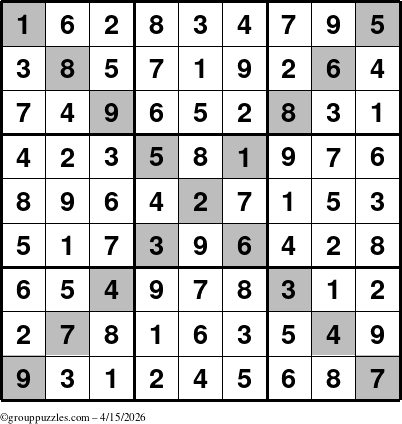 The grouppuzzles.com Answer grid for the Sudoku-X puzzle for Wednesday April 15, 2026