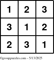 The grouppuzzles.com Answer grid for the TicTac-123 puzzle for Tuesday May 13, 2025