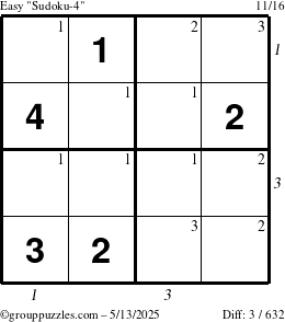 The grouppuzzles.com Easy Sudoku-4 puzzle for Tuesday May 13, 2025, suitable for printing, with all 3 steps marked