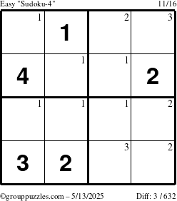 The grouppuzzles.com Easy Sudoku-4 puzzle for Tuesday May 13, 2025 with the first 3 steps marked