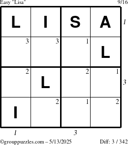 The grouppuzzles.com Easy Lisa puzzle for Tuesday May 13, 2025 with all 3 steps marked