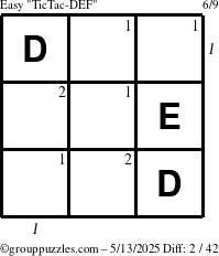 The grouppuzzles.com Easy TicTac-DEF puzzle for Tuesday May 13, 2025 with all 2 steps marked