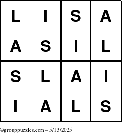 The grouppuzzles.com Answer grid for the Lisa puzzle for Tuesday May 13, 2025