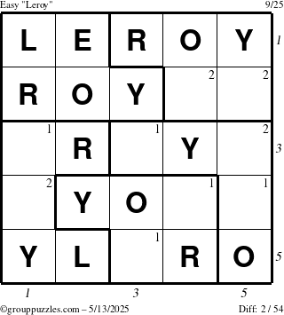 The grouppuzzles.com Easy Leroy puzzle for Tuesday May 13, 2025 with all 2 steps marked