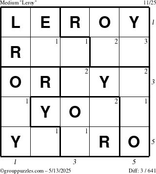 The grouppuzzles.com Medium Leroy puzzle for Tuesday May 13, 2025 with all 3 steps marked