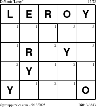 The grouppuzzles.com Difficult Leroy puzzle for Tuesday May 13, 2025 with the first 3 steps marked