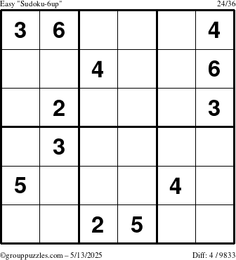 The grouppuzzles.com Easy Sudoku-6up puzzle for Tuesday May 13, 2025