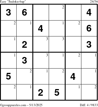 The grouppuzzles.com Easy Sudoku-6up puzzle for Tuesday May 13, 2025 with the first 3 steps marked