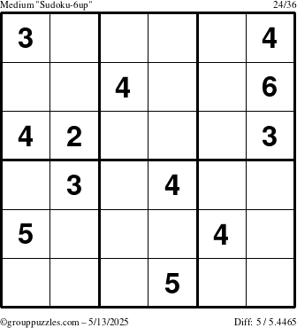 The grouppuzzles.com Medium Sudoku-6up puzzle for Tuesday May 13, 2025