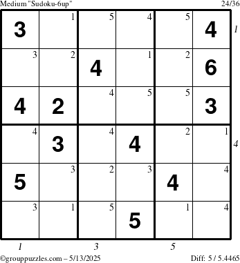 The grouppuzzles.com Medium Sudoku-6up puzzle for Tuesday May 13, 2025 with all 5 steps marked