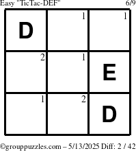 The grouppuzzles.com Easy TicTac-DEF puzzle for Tuesday May 13, 2025 with the first 2 steps marked