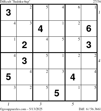 The grouppuzzles.com Difficult Sudoku-6up puzzle for Tuesday May 13, 2025 with all 6 steps marked