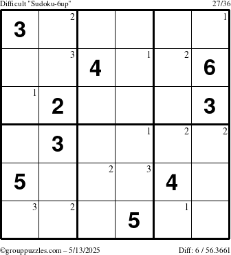 The grouppuzzles.com Difficult Sudoku-6up puzzle for Tuesday May 13, 2025 with the first 3 steps marked