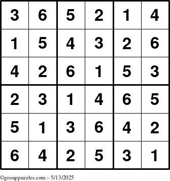 The grouppuzzles.com Answer grid for the Sudoku-6up puzzle for Tuesday May 13, 2025