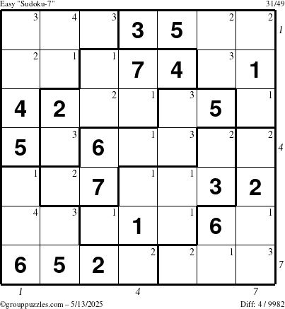 The grouppuzzles.com Easy Sudoku-7 puzzle for Tuesday May 13, 2025 with all 4 steps marked