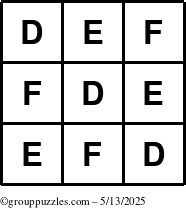 The grouppuzzles.com Answer grid for the TicTac-DEF puzzle for Tuesday May 13, 2025