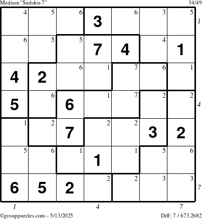 The grouppuzzles.com Medium Sudoku-7 puzzle for Tuesday May 13, 2025 with all 7 steps marked