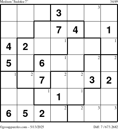 The grouppuzzles.com Medium Sudoku-7 puzzle for Tuesday May 13, 2025 with the first 3 steps marked