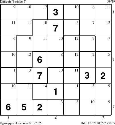 The grouppuzzles.com Difficult Sudoku-7 puzzle for Tuesday May 13, 2025 with all 12 steps marked